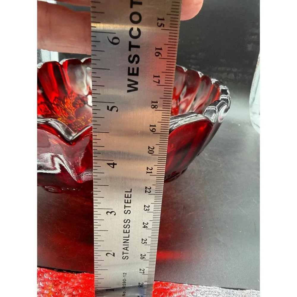 Vintage Ruby Red Amberina Glass Footed Bowl Scalloped Fruit Pattern Centerpiece